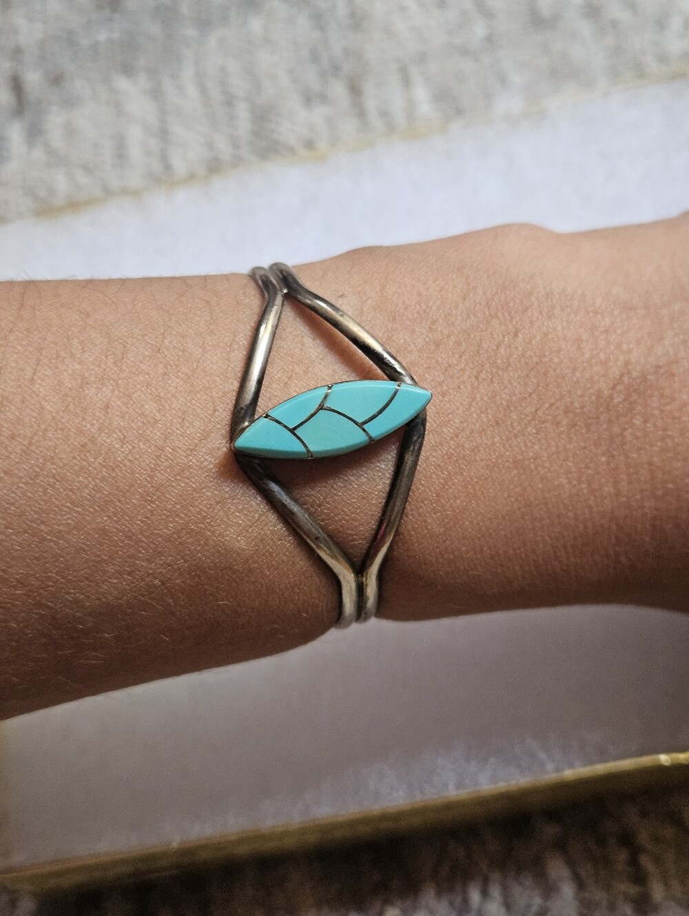 Vintage Native American Turquoise Inlay Sterling Silver Cuff Bracelet Small